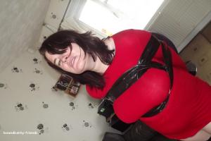 www.boundkathy-friends.com - Dee Dee taped in red dress thumbnail
